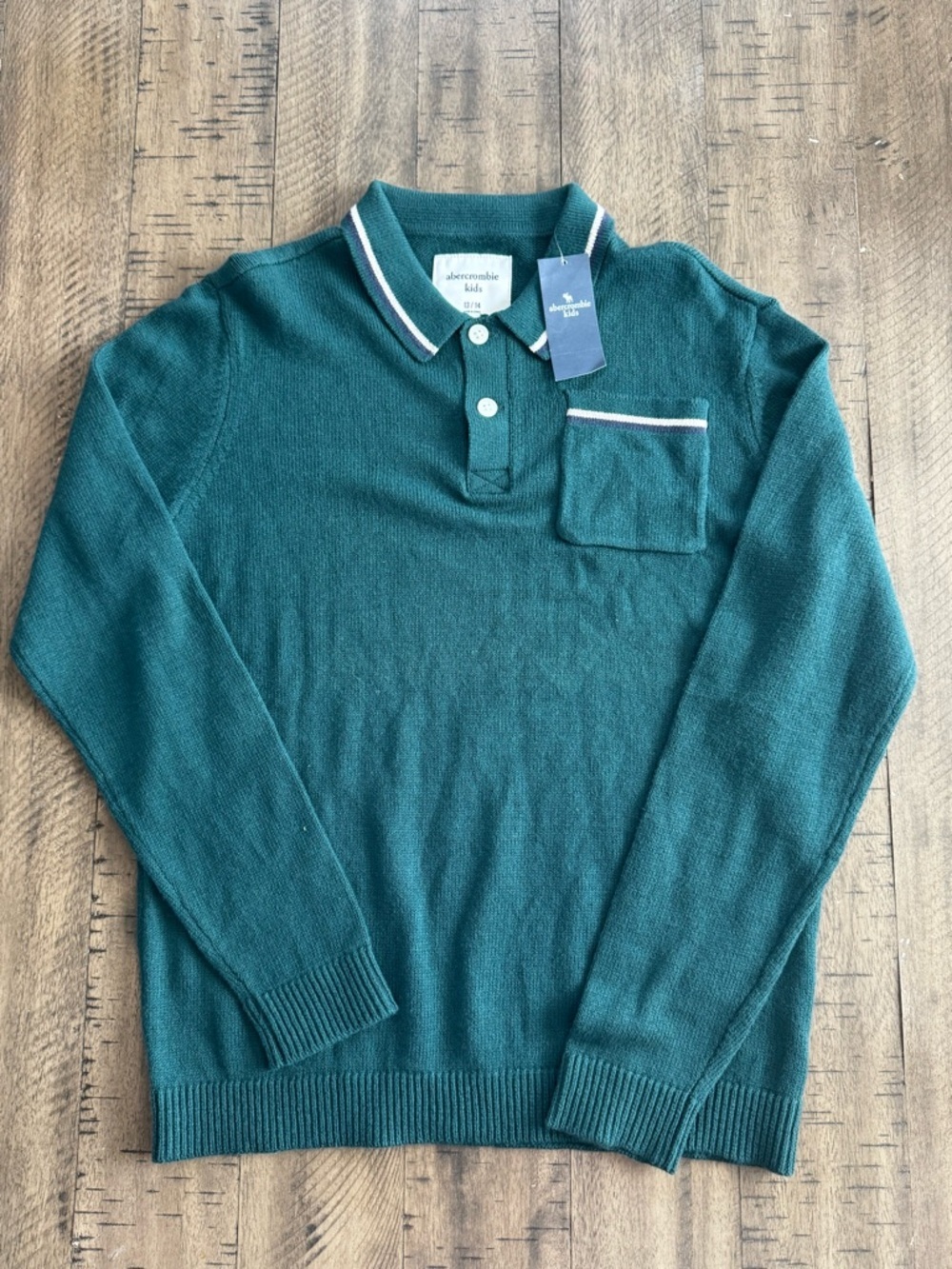 abercrombie kids teal long sleeve knit polo with contrast trim - Picture 5 of 9